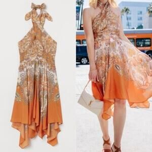 H&M Boho Paisley Print Handkerchief Hem Halter Dress Vacation Festivalwear Fairy